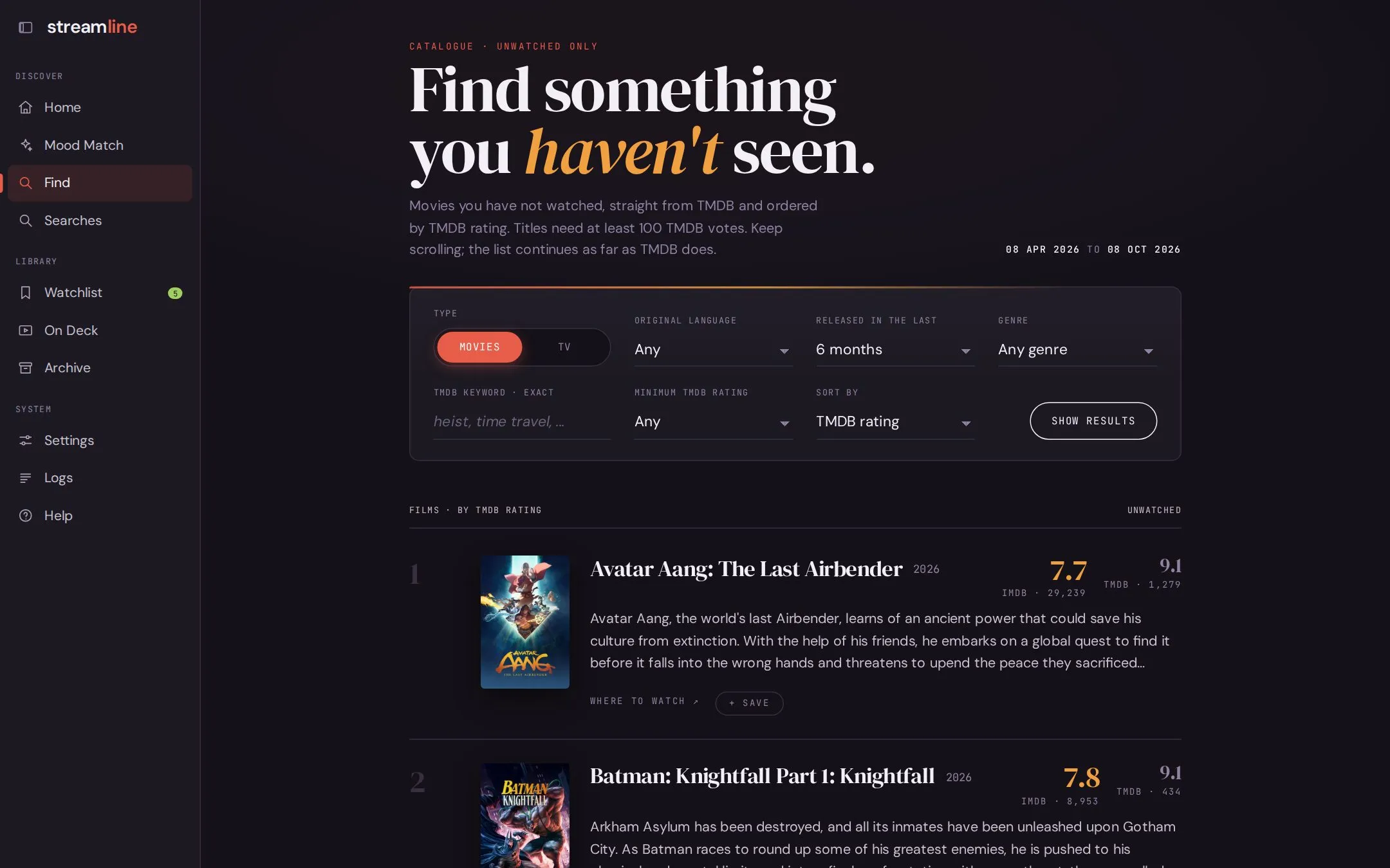 Find page with filters and the top unwatched films of the last six months