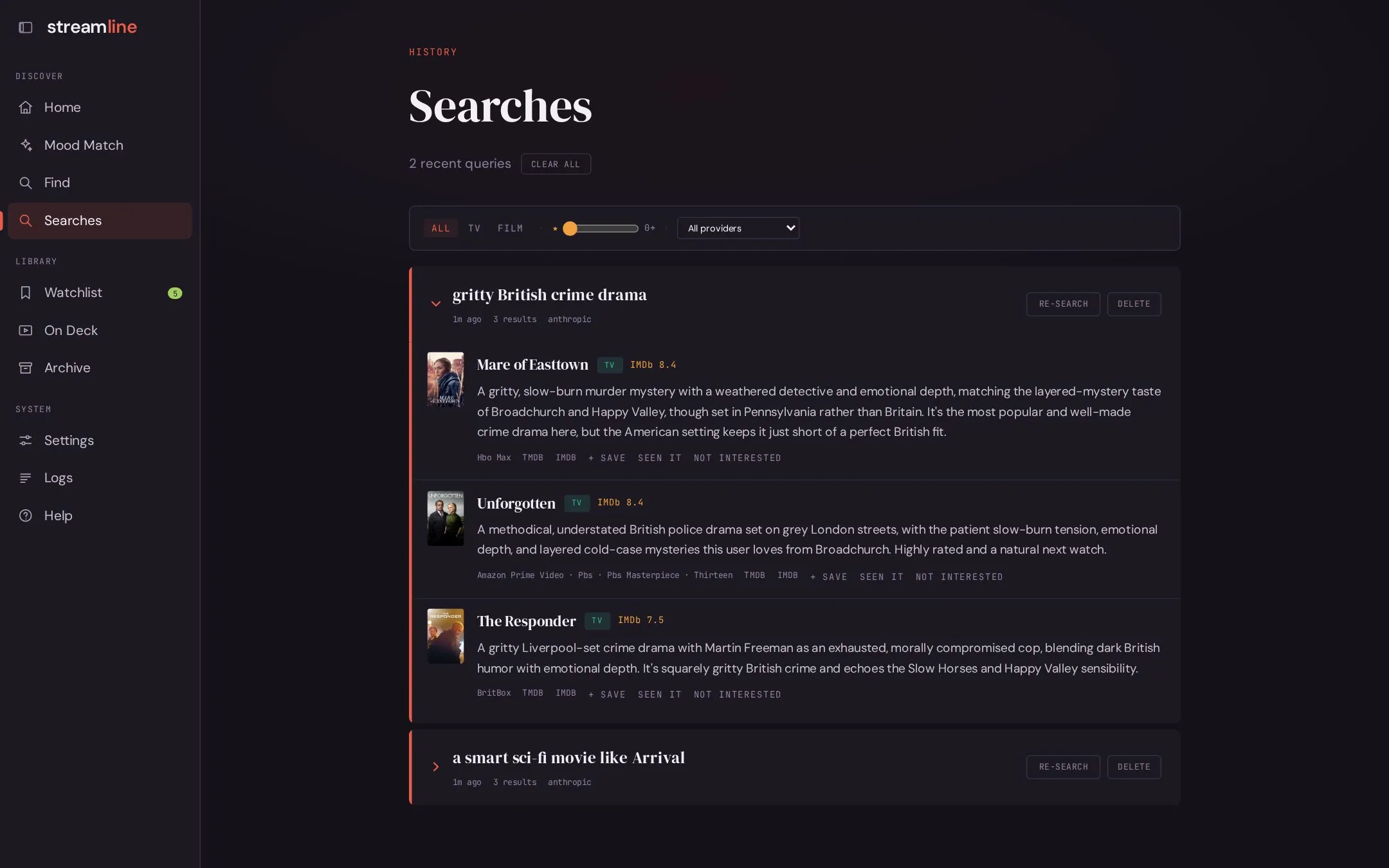 Searches page with the results of “gritty British crime drama” expanded