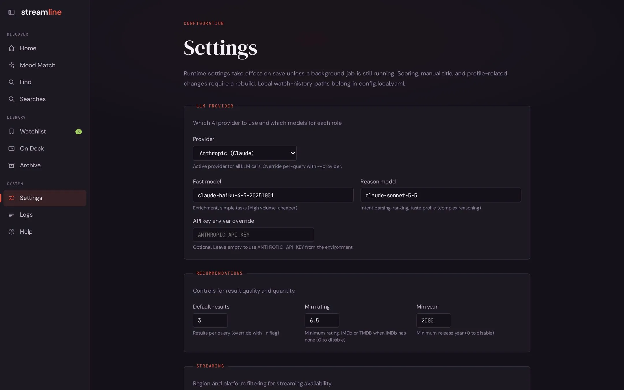 Settings page