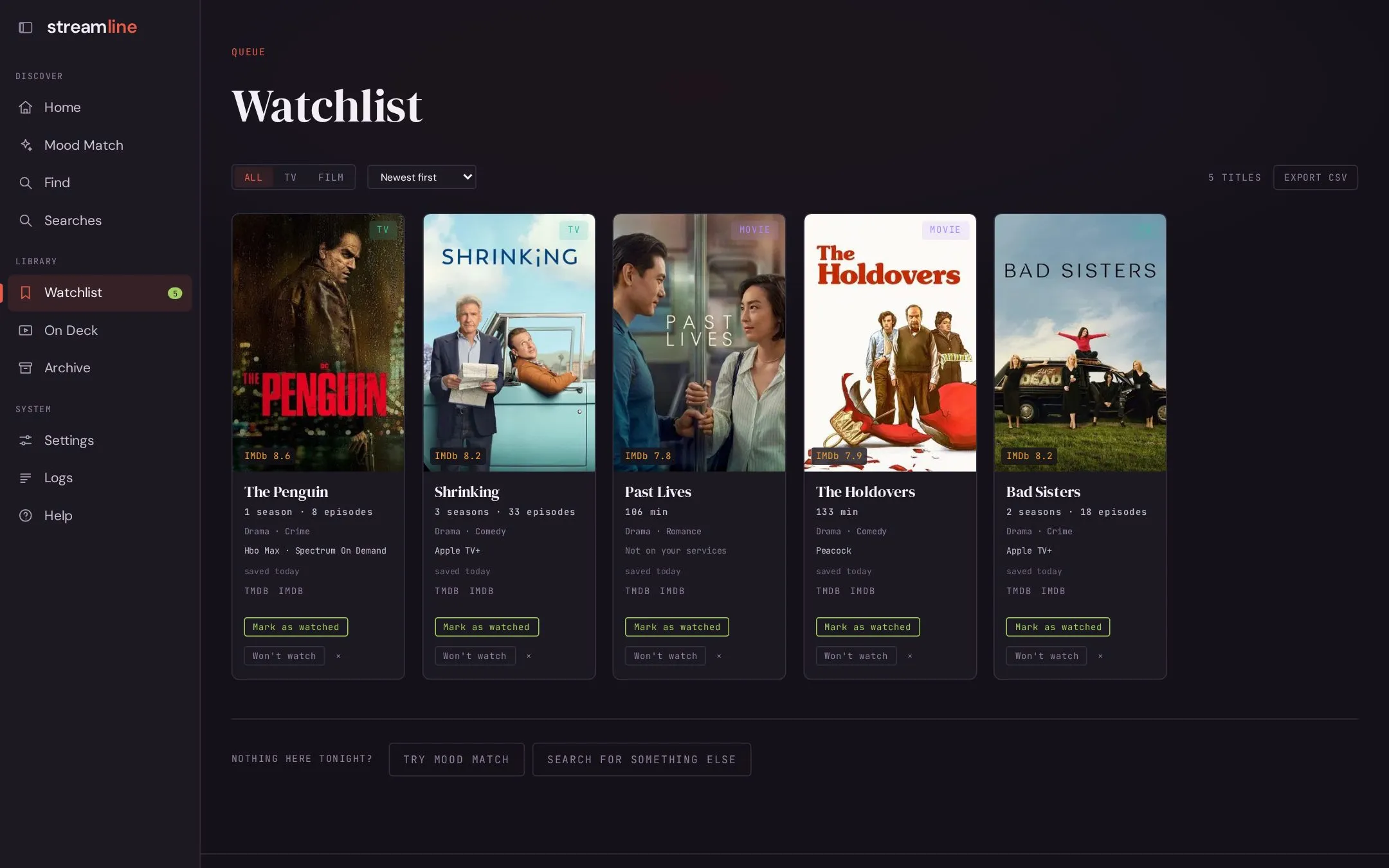 Watchlist with five saved titles